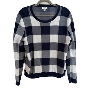 J Crew Teddie Sweater Navy White Buffalo Check Plaid Crew Neck Long Sleeve XL
